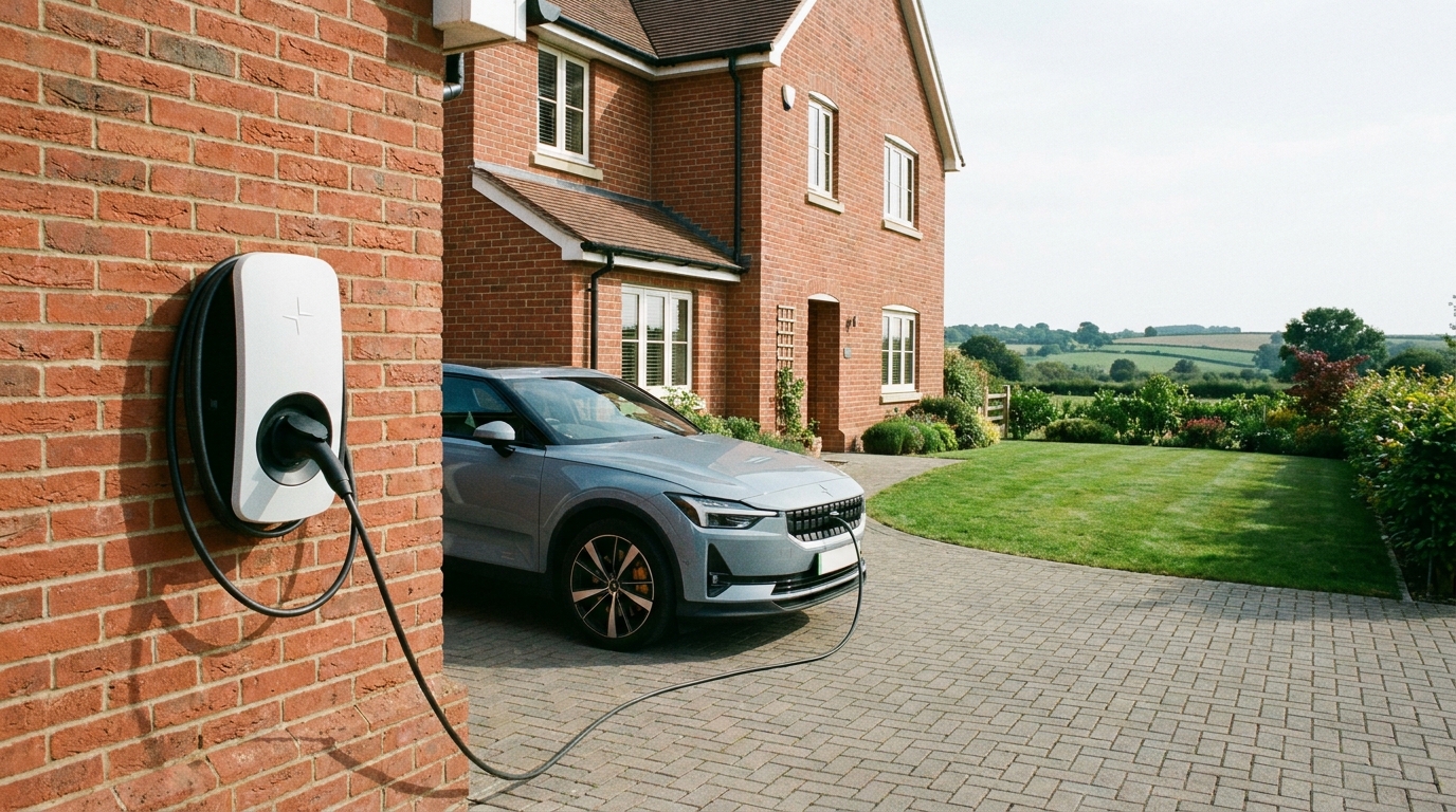 A 7 kW EV wall box mounted on a UK home exterior wall with an electric car charging